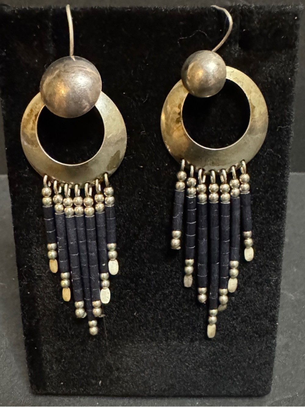 Quoc Turquoise Inc Fringe Earrings - Black Heishi and Sterling Silver